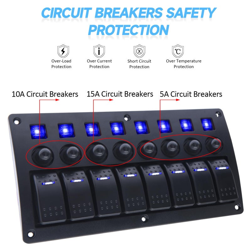 Geloo 8 Gang Marine Switch Panel, Boat Rocker Switch Panel Waterproof, 12V Aluminum Switch Panel, Marine Toggle Switches ON/Off with Circuit Breaker 5A 10A 15A for Car RV Truck (Blue) - Image 5